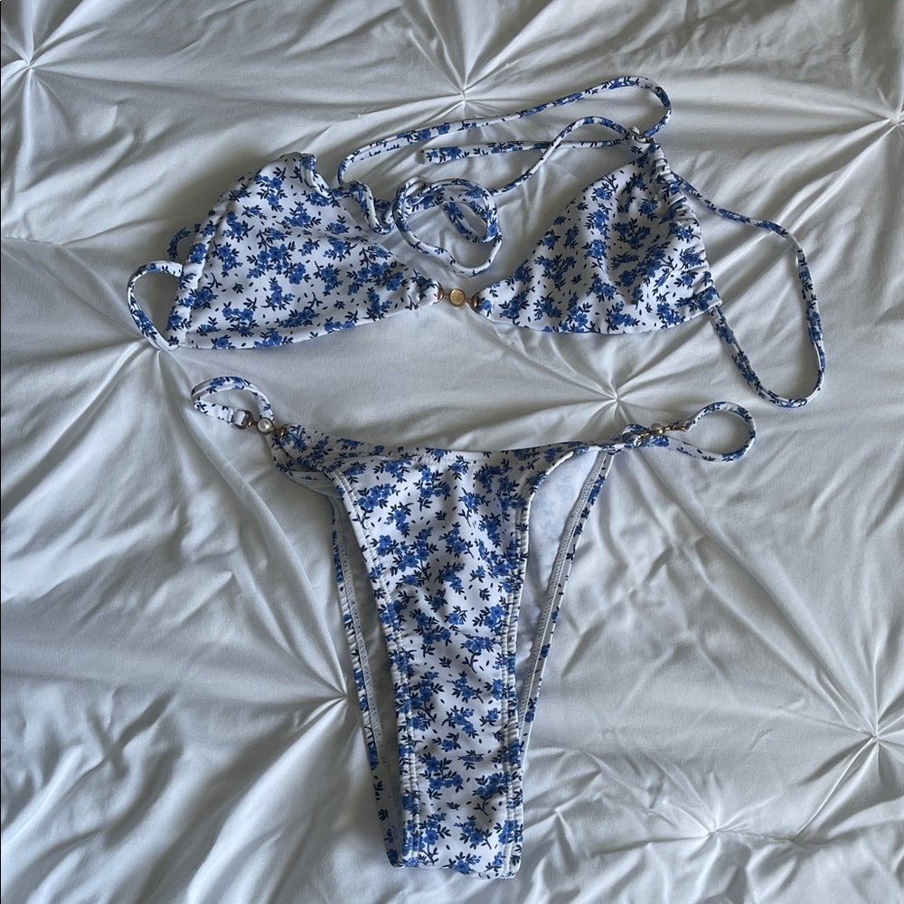 Blue Floral Tie-Strap Bikini Set - Women’s